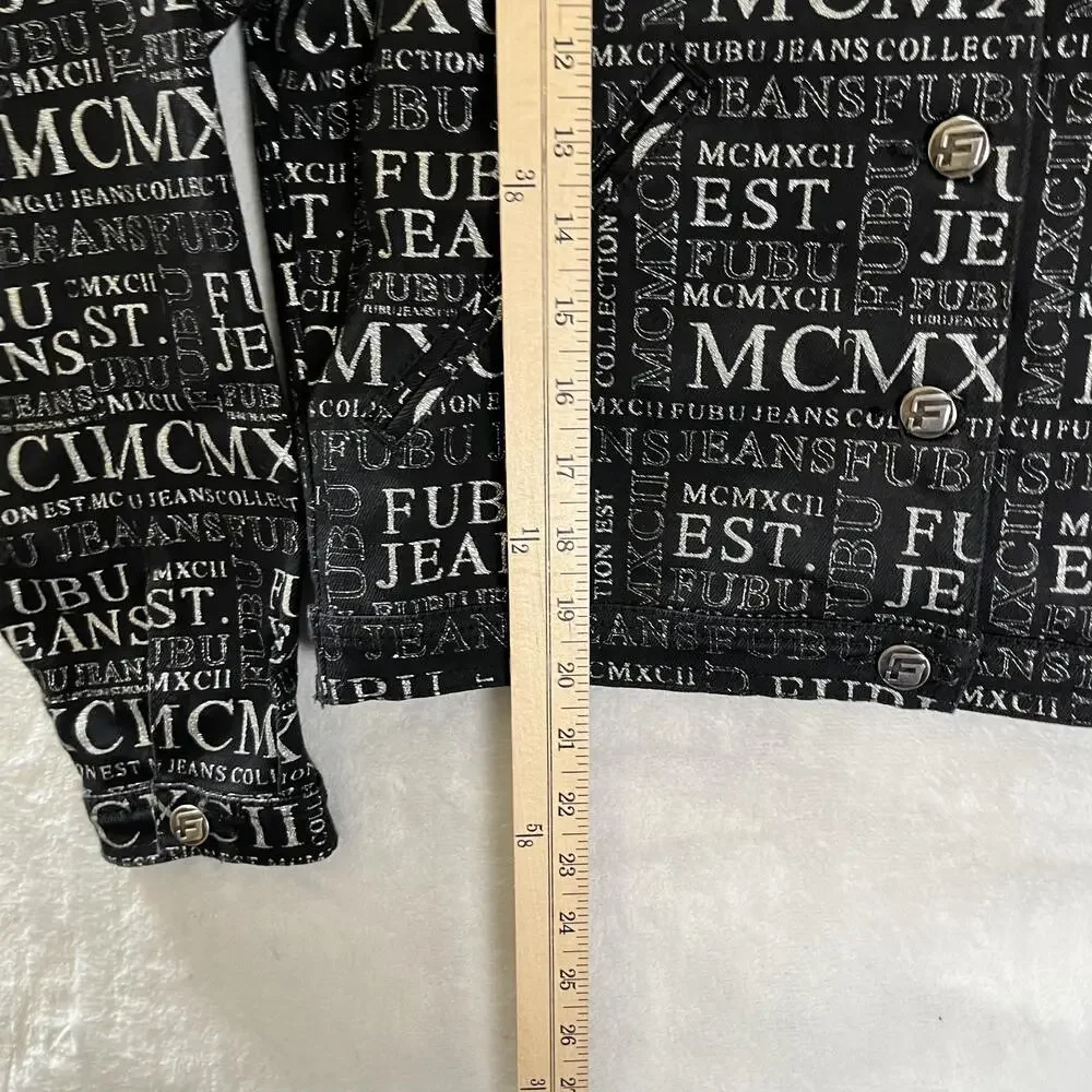 Vintage FUBU Jacket Kids Large Black Denim Bomber All Over Print Hip Hop Y2K